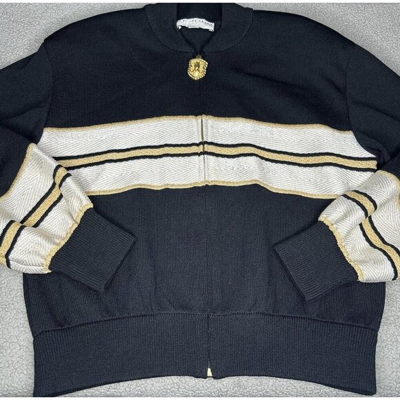 St. John Collection Sweater Womens Small Black White Gold Zip Cardigan Made USA - Picture 1 of 12